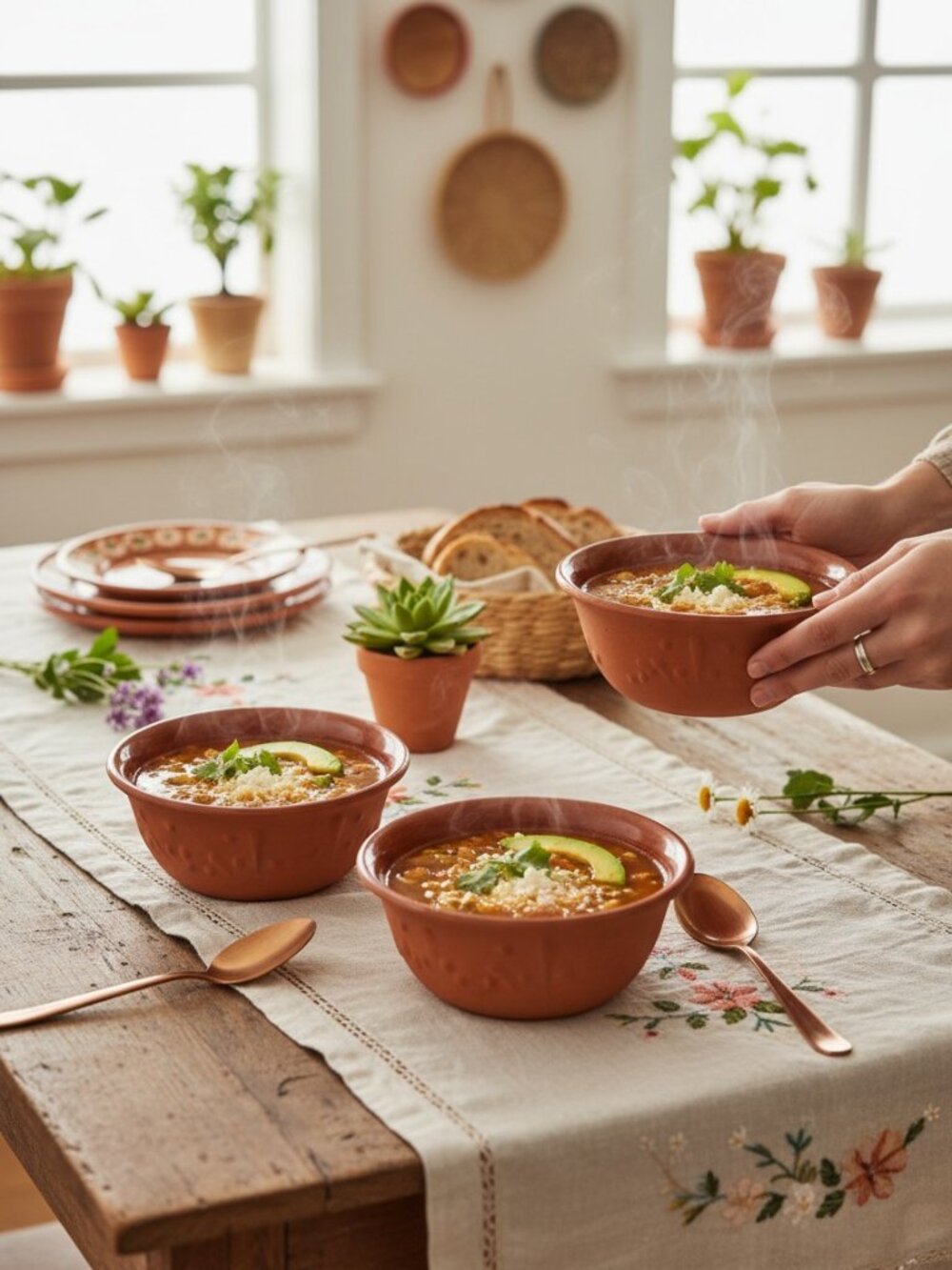 Mexican Made Brown Terra Cotta‎ Bowls Set of 4 Glazed Interior Unglazed Exterior